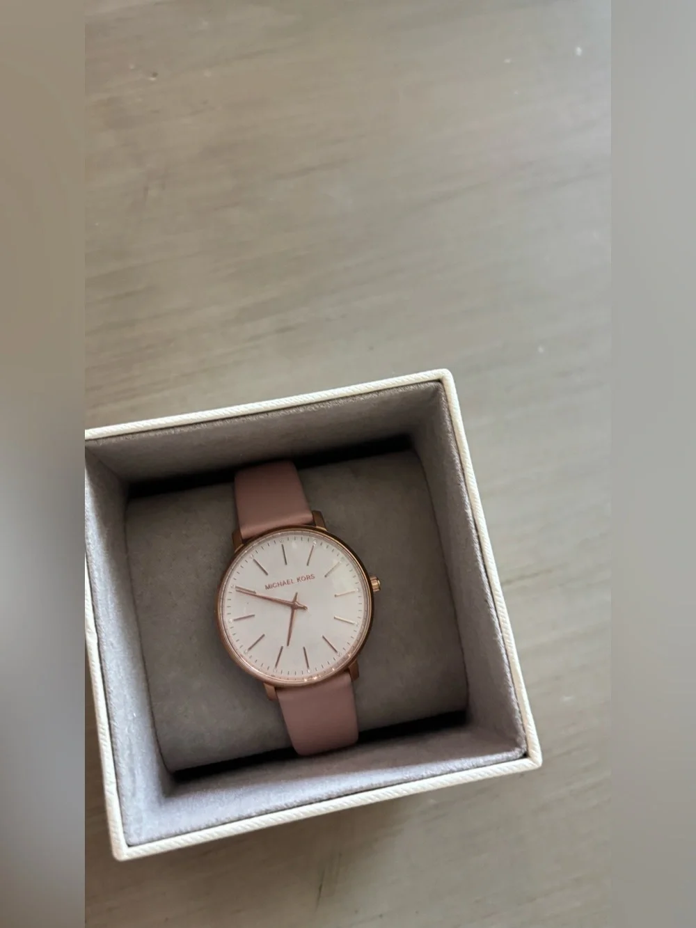 Michael Kors Pink Leather Strap Rose Gold Case Minimalist Watch